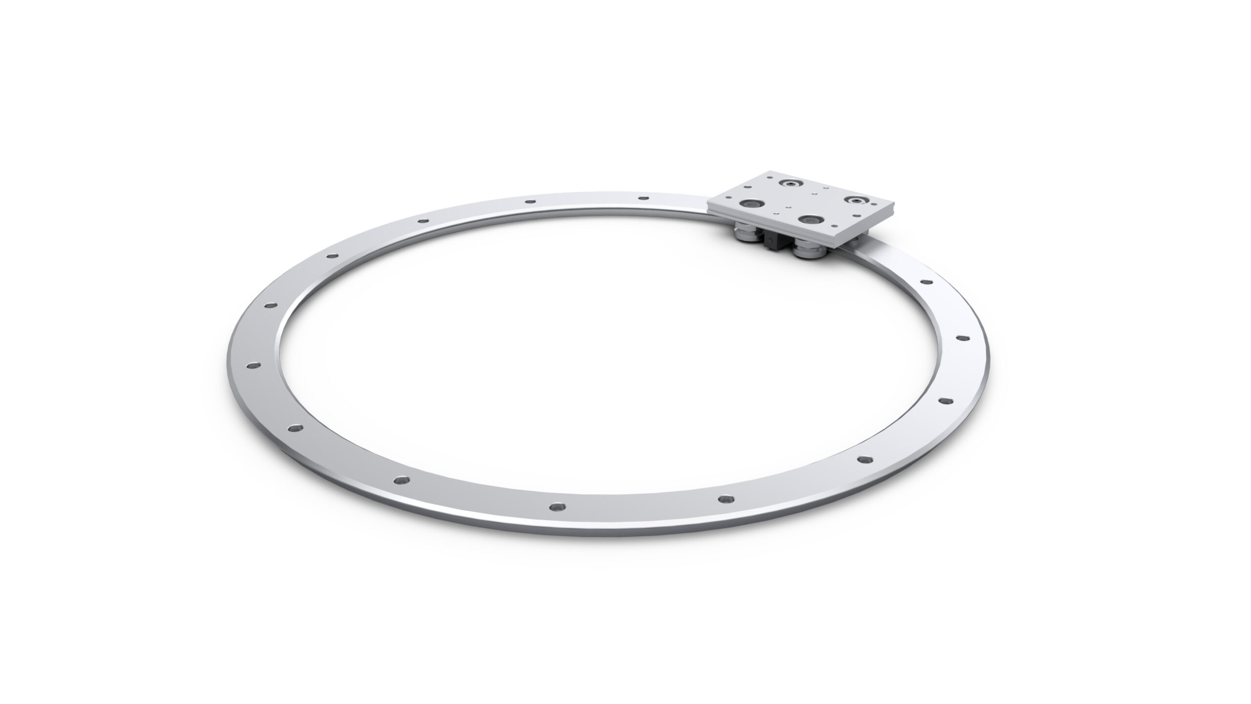 Sistema de movimiento circular PRT2 de HepcoMotion con guías curvas, anillo de acero y carro deslizante para automatización industrial.